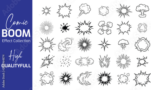 Comic explosion vector icon set with black outline starbursts, smoke clouds, mushroom clouds, crater blasts, debris bursts and cartoon boom effects on white