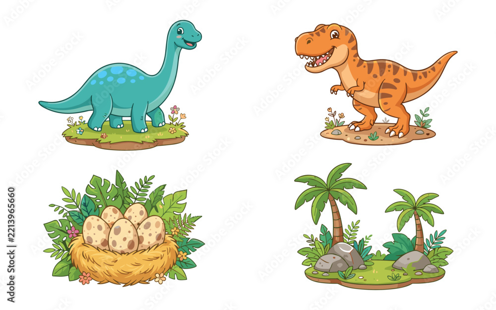 Fototapeta premium Set of cute cartoon dinosaurs including a brachiosaurus a tyrannosaurus rex a nest with speckled eggs and a prehistoric tropical landscape