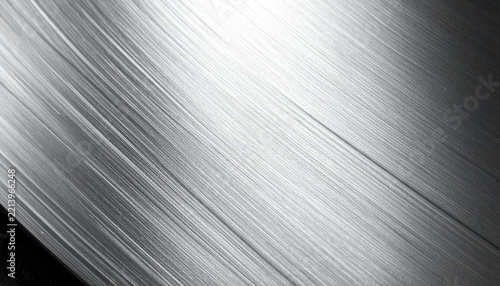 Brushed metal texture with diagonal silver grain, industrial surface detail, monochrome abstract background, and reflective light creating sleek modern pattern