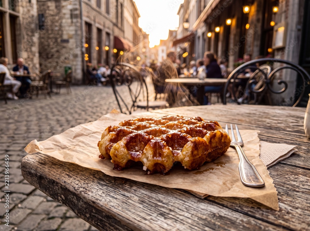 Fototapeta premium Fresh Belgian Sugar Waffle on Rustic Bistro Table at Sunset