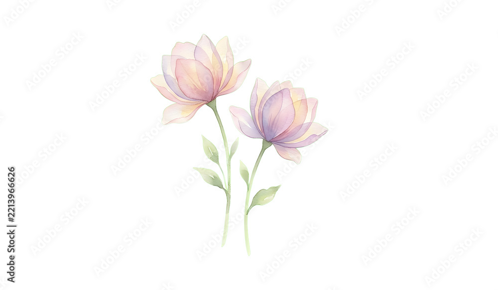 Fototapeta premium Delicate pink and purple watercolor flowers bloom gracefully with soft green stems and leaves