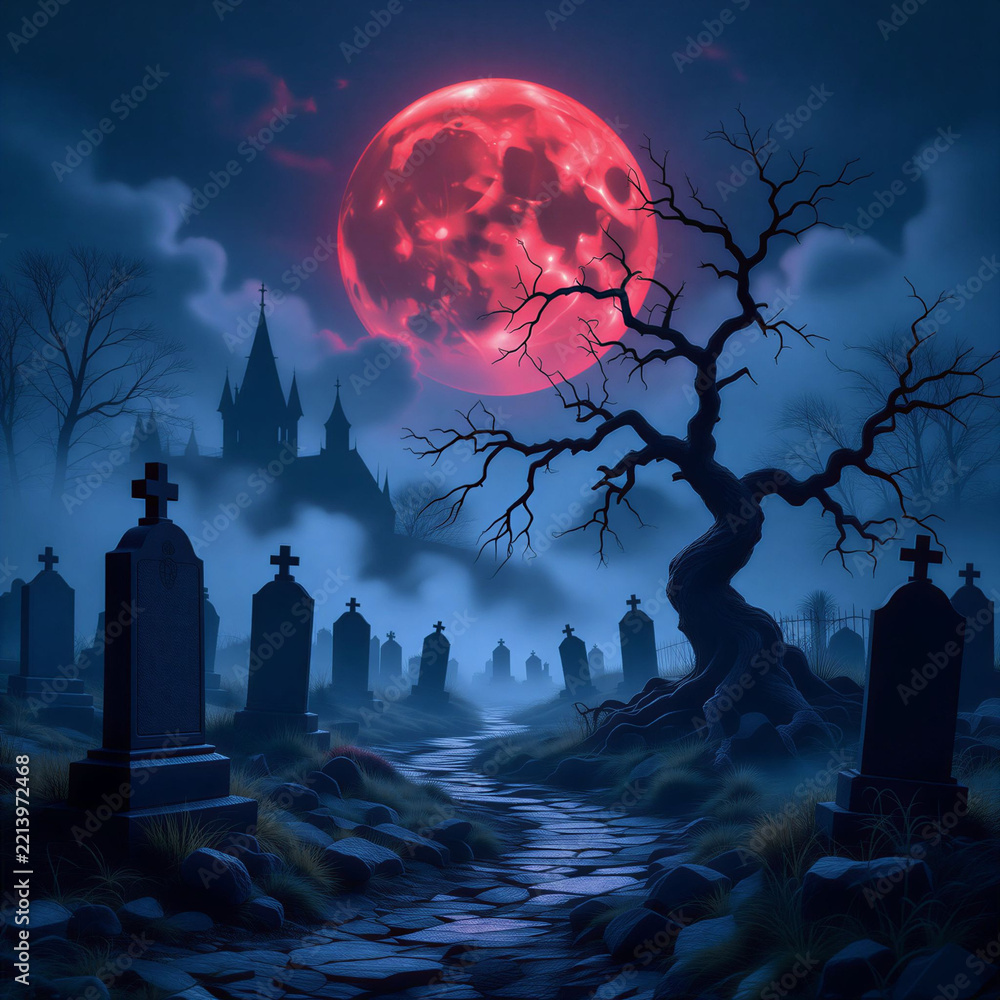 Fototapeta premium spooky graveyard scene under a glowing red blood moon and a misty, dark blue night sky