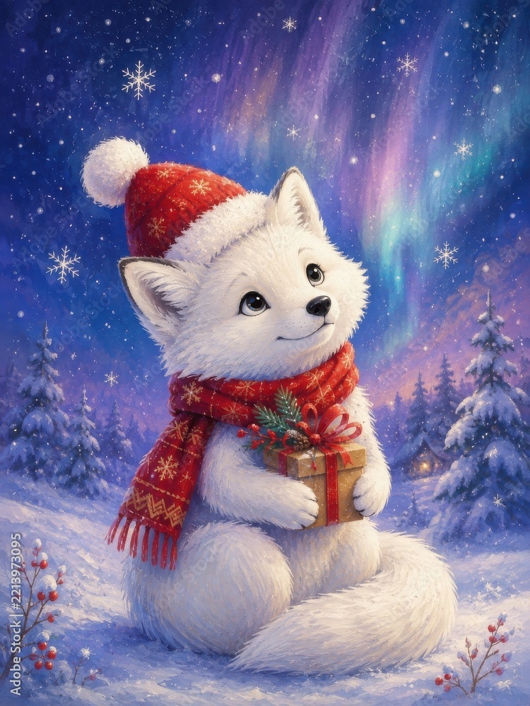 Fototapeta premium Cute white fox holding Christmas gift beneath northern lights