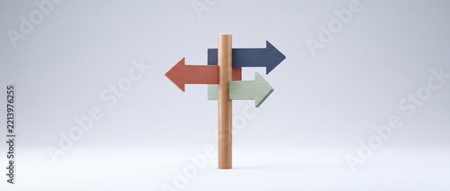 Minimalist Wooden Directional Signpost with Three Colorful Arrow Signs Isolated on White Background for Business Strategy, Choice, and Decision Making Concept