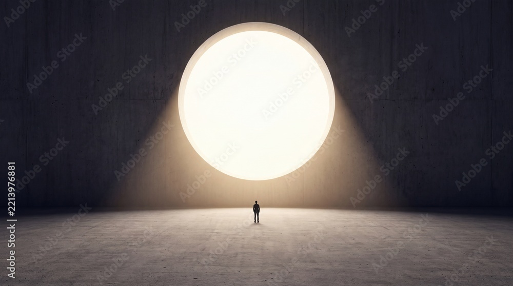 Fototapeta premium Silhouette of a tiny businessman standing before a massive glowing circular light portal in a dark minimalist architectural space, representing success, new opportunities, and core vision.