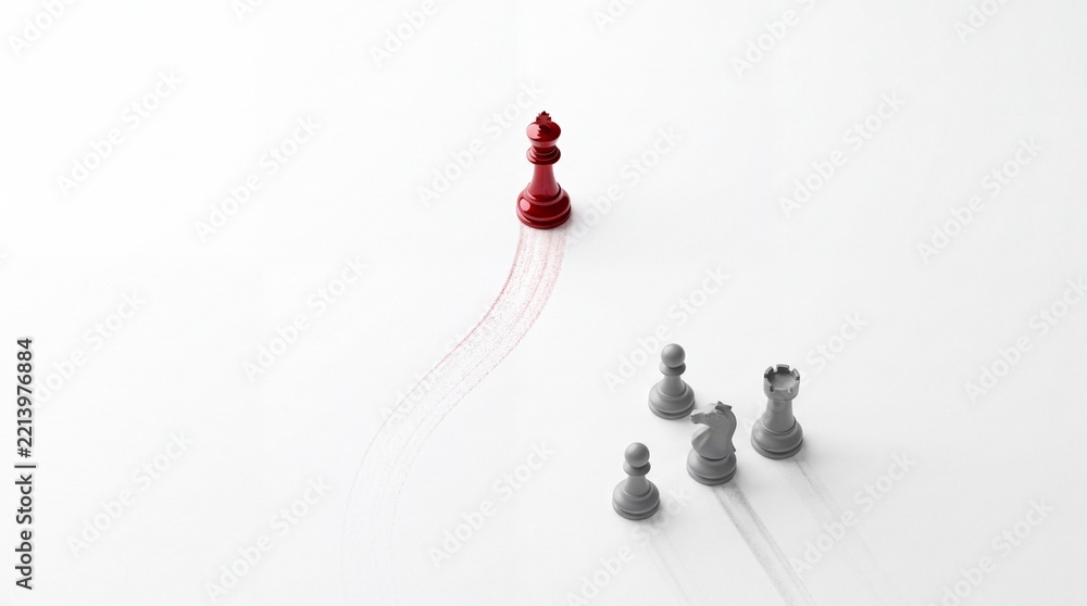 Fototapeta premium Red Chess King Leading the Way and Leaving a Trail Followed by Grey Pieces on White Background, Metaphor for Leadership, Business Strategy, Success, and Directional Core Concept