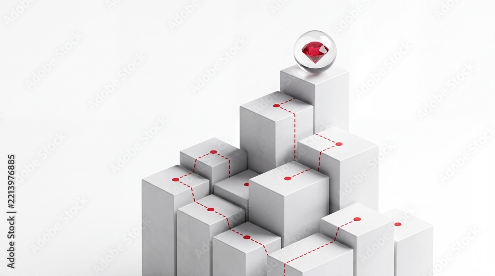 Fototapeta premium 3D Metaphor of Business Success and Career Path Featuring White Blocks with Red Dashed Line Leading to a Precious Ruby Gemstone on Top, Concept of Reaching Goals, Strategy, and Growth Achievement