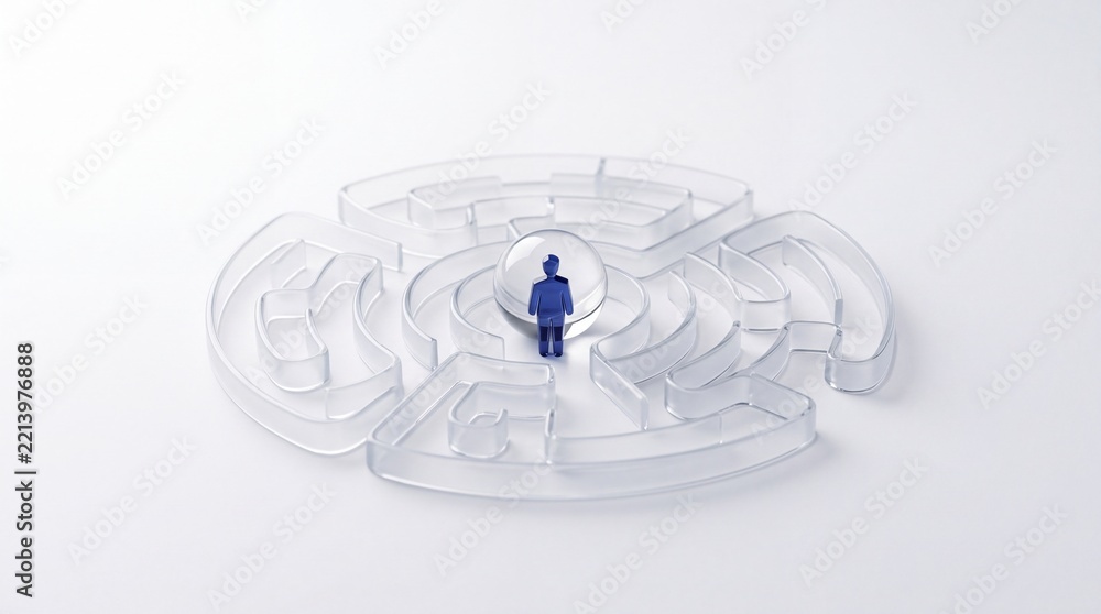 Fototapeta premium Blue human silhouette at the center of a clear glass circular maze on white background, conceptual representation of business strategy, navigating complexity, leadership, and core concepts.