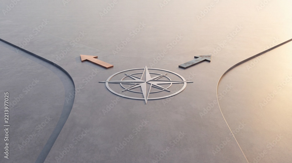 Fototapeta premium Minimalist 3D Render of a Crossroads Metaphor with Compass Rose and Directional Arrows Representing Strategic Choice, Career Path Guidance, Business Decision Making, and Future Orientation.