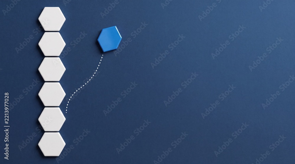 Fototapeta premium Conceptual Business Metaphor Showing One Blue Hexagon Breaking Away from a Row of White Hexagons Representing Individuality, Leadership, Innovation, Changing Career Direction and Progress.