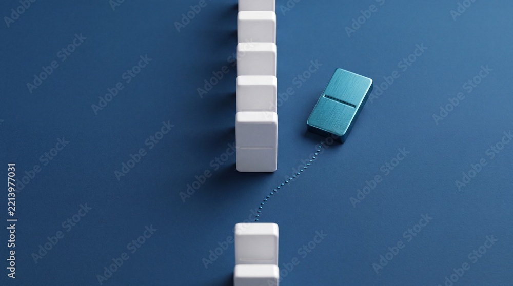 Fototapeta premium Minimalist Conceptual Image of a Single Blue Block Stepping Out of a Uniform Line of White Dominoes, Symbolizing Individuality, Leadership, Innovation, and Breaking Away from the Crowd