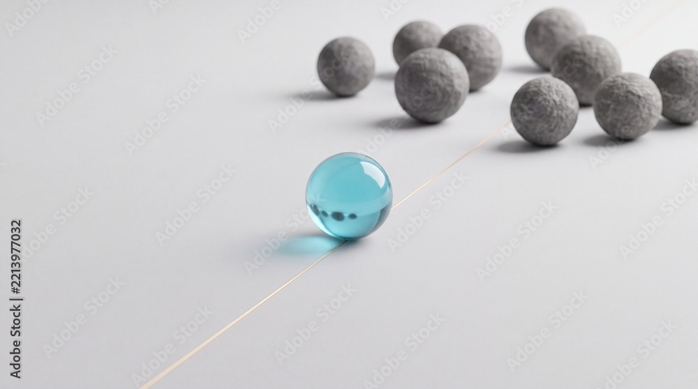 Fototapeta premium Unique blue glass sphere standing out from a group of rough grey stone balls on a minimalist surface, metaphor for innovation, leadership, individuality, and core business concept excellence.
