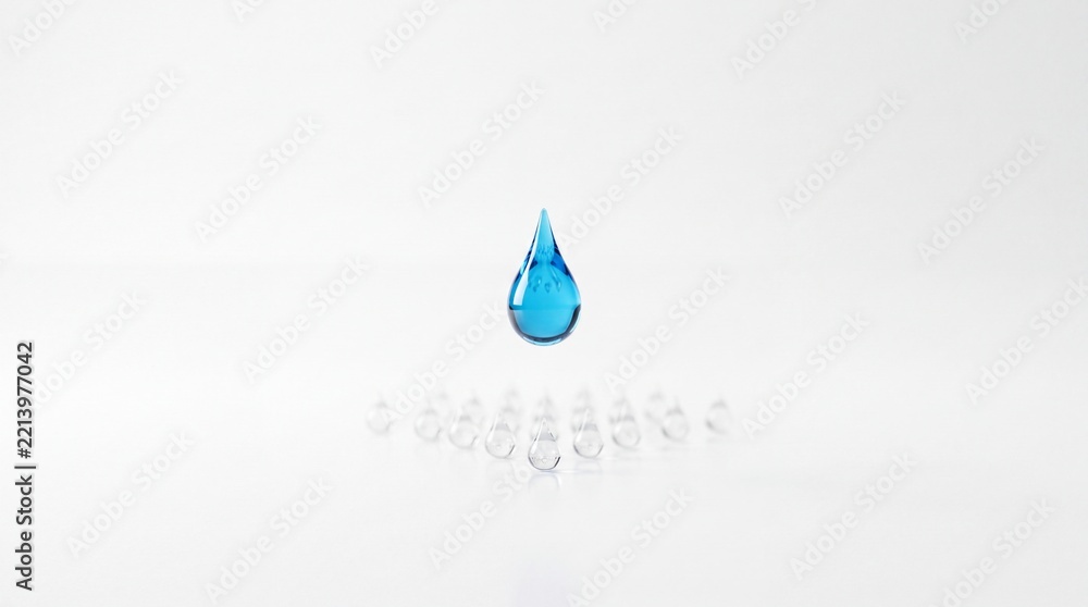 Fototapeta premium Minimalist Conceptual 3D Illustration of a Single Blue Water Drop Floating Above a Group of Transparent Drops on a White Background, Representing Leadership, Individuality, and Core Concept Selection
