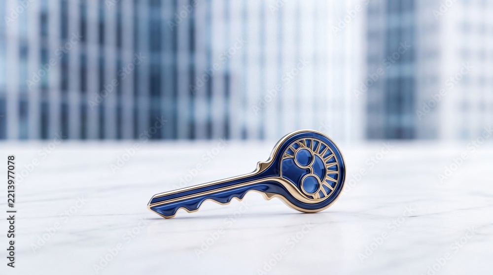 Fototapeta premium Elegant blue and gold ornamental key resting on a white marble table against a blurred modern corporate office background, representing business success, security, and innovative solutions.