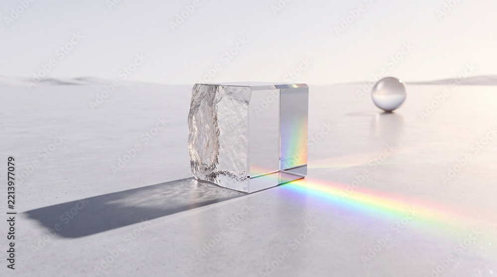 Fototapeta premium Abstract Minimalist Concept of Light Refraction Through a Transparent Glass Cube Creating a Vibrant Rainbow Spectrum on a Clean White Surface with a Glass Sphere in the Background