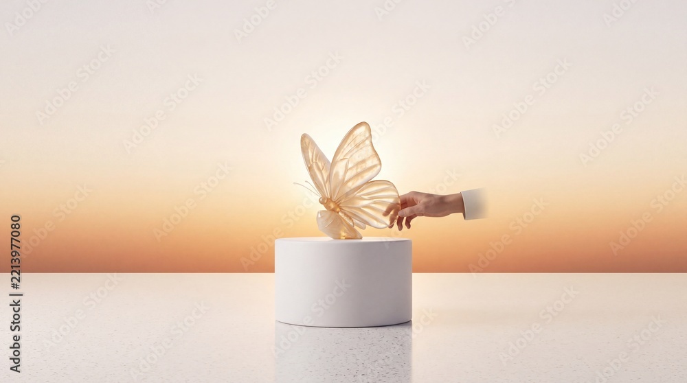 Fototapeta premium A person's hand gently reaching out to touch a delicate, translucent golden butterfly sculpture perched on a white pedestal against a soft warm sunset background, symbolizing transformation.