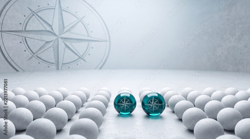 Fototapeta premium Two blue glass spheres with compass symbols standing out from a crowd of white marbles, symbolizing leadership, strategic direction, and uniqueness in a corporate business environment.