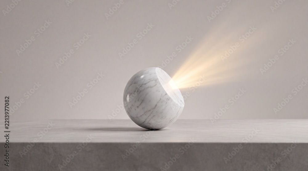 Fototapeta premium Minimalist conceptual 3D render of a white marble stone sphere with a wedge removed, emitting a powerful golden beam of light from its center, symbolizing discovery, core identity, and hope.