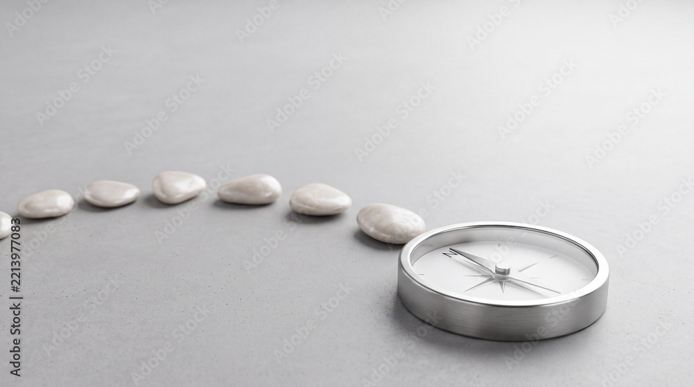 Fototapeta premium Minimalist business concept featuring a silver metallic compass and a trail of white smooth stones on a gray background, symbolizing strategic direction, leadership, guidance, and pathfinding.