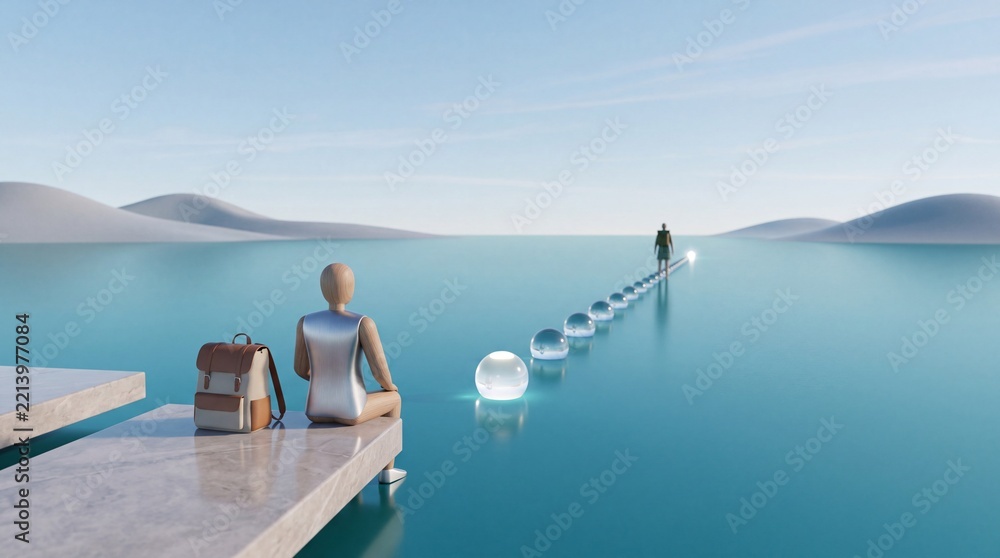 Fototapeta premium Surreal 3D conceptual illustration of a wooden mannequin sitting on a marble ledge with a backpack, observing a trail of glowing crystal spheres on a calm blue sea leading toward a distant figure.