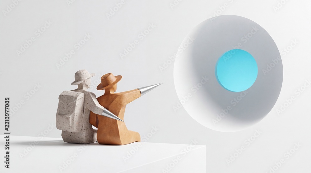 Fototapeta premium Abstract minimalist 3D illustration of two stylized explorer figures pointing towards a glowing blue core inside a sphere, representing discovery, vision, reaching goals, and finding the essential