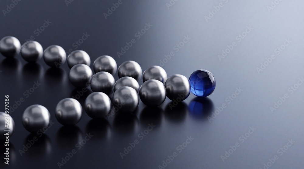 Fototapeta premium Conceptual 3D Illustration of a Unique Blue Glass Sphere Leading a Group of Silver Metallic Balls in a Precise Formation, Symbolizing Leadership, Strategic Direction, and Innovation in Business.