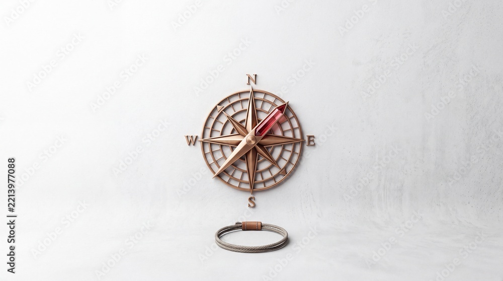 Fototapeta premium Abstract Metaphor of Core Business Concept Featuring a Bronze Compass Rose on a Textured White Wall with a Decorative Rope Bracelet for Strategic Direction, Navigation, and Leadership Goals