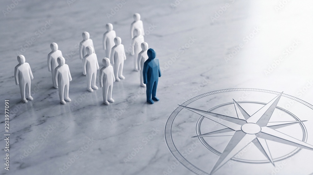 Fototapeta premium Conceptual image of a blue leader figure guiding a group of white human models on a marble floor featuring a compass rose, symbolizing business leadership, vision, strategic direction, and team