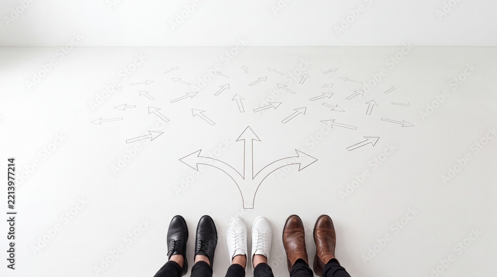 Fototapeta premium Top View Concept of Decision Making and Strategic Choice with Diverse Team Members Standing Before Multiple Directional Arrows Illustrating Career Paths and Business Goal Selection on White Background