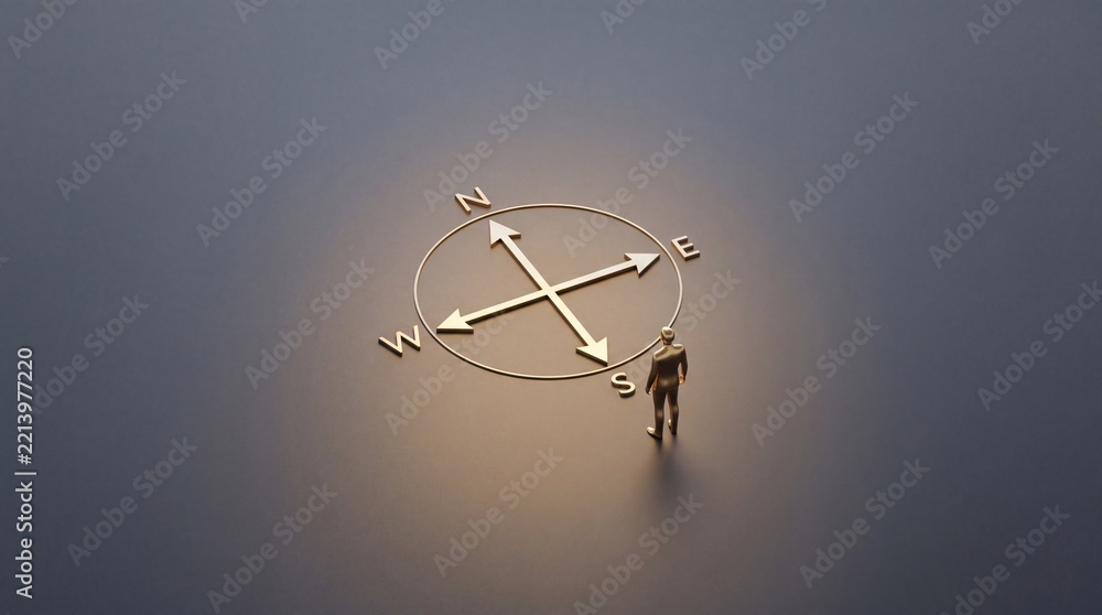 Fototapeta premium Minimalist 3D Illustration of a Golden Human Figure Standing Next to a Large Glowing Compass Symbol on a Dark Background, Representing Strategic Direction, Career Guidance, and Business Decisions
