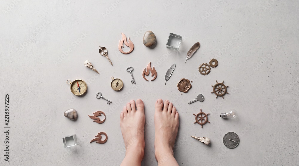 Fototapeta premium Conceptual Top View of Bare Feet Surrounded by Metaphorical Objects Including Compasses, Keys, and Fire Icons Representing Life Choices, Destiny, and the Core Journey of Self-Discovery