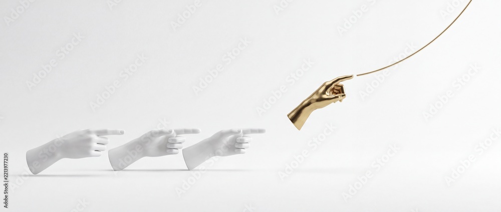 Fototapeta premium Conceptual Business Leadership Metaphor of a Golden Hand Pointing Towards a Golden Path While White Hands Follow, Symbolizing Individuality, Success, and Standing Out from the Crowd