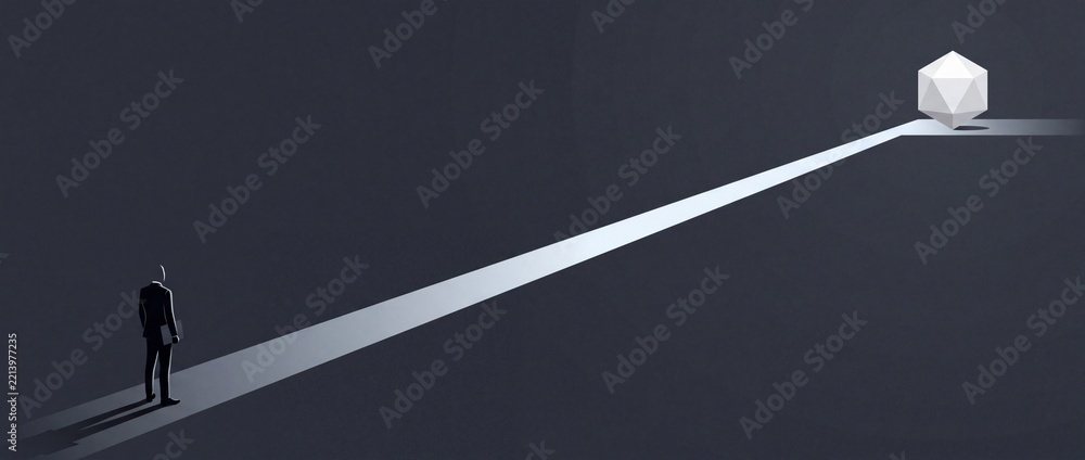 Fototapeta premium Conceptual business illustration of a professional businessman standing on a long path of light leading toward a glowing geometric goal, representing vision, future strategy, and clear focus.