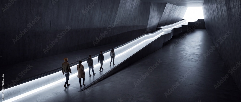 Fototapeta premium Group of diverse people walking up a modern minimalist ramp in a dark concrete tunnel towards a bright light at the exit, conceptual metaphor for success, progress, future goals, and leadership.