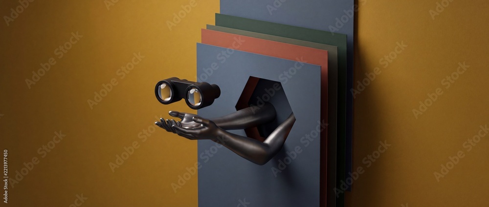 Fototapeta premium Conceptual Image of Stylized Hands Reaching Through a Geometric Hexagon Opening to Hold Floating Binoculars, Representing Vision, Future Strategy, Business Foresight, and Creative Exploration