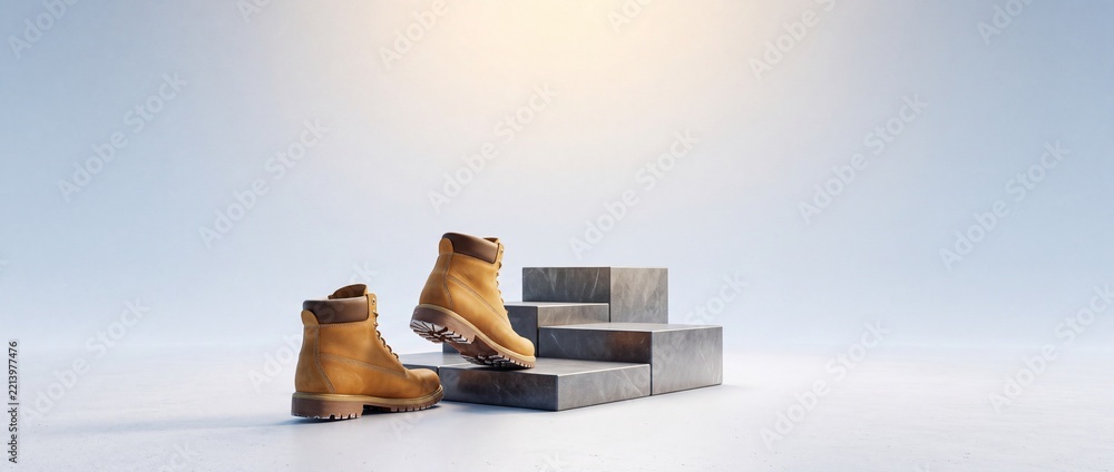Fototapeta premium Yellow leather work boots stepping onto stone stairs as a metaphor for career progress, success, and personal achievement against a bright clean background