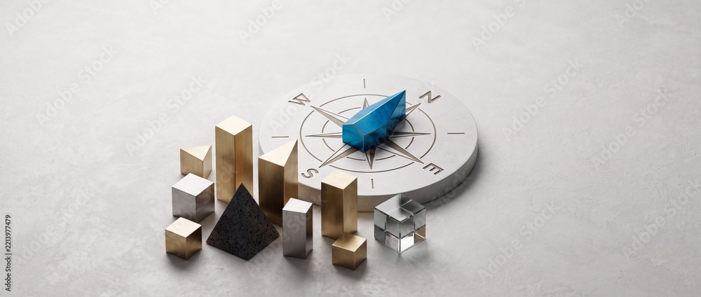 Fototapeta premium Strategic Business Direction and Growth Concept with Modern Geometric Building Blocks and Stylized Stone Compass on Minimalist Background for Professional Corporate Navigation Metaphor