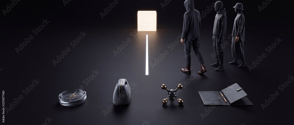 Fototapeta premium Surreal conceptual 3D illustration of faceless figures walking toward a glowing light cube with symbolic objects like a compass and portfolio representing vision, direction, and business strategy.