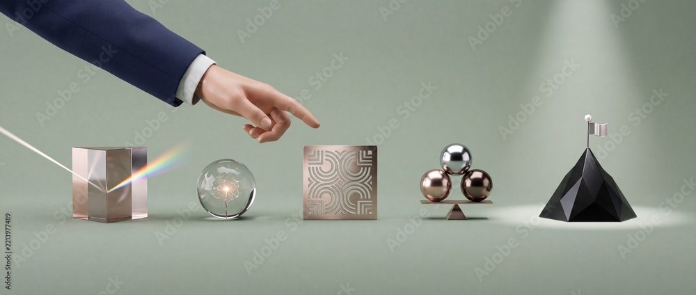 Fototapeta premium Businessman Hand Selecting Metaphorical Abstract Objects Representing Innovation Vision Stability and Success as a Concept for Business Strategy Planning and Corporate Growth