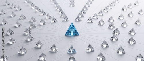 Conceptual 3D illustration of a central blue triangular crystal as a focal point connected to a bulk of clear gemstones, representing networking, leadership, data distribution, and unique ideas.