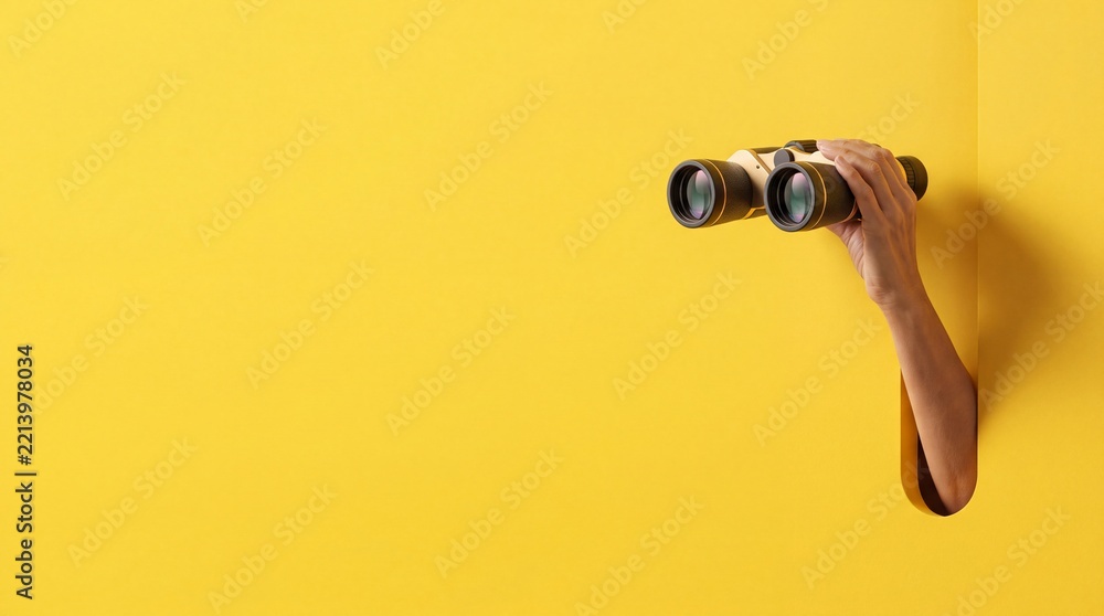 Fototapeta premium Minimalist Concept of a Hand Holding Binoculars Emerging from a Yellow Wall with Large Negative Space on the Left for Business Vision, Discovery, Searching, and Future Planning Themes