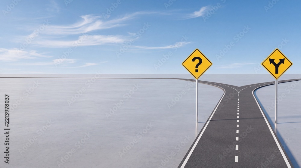Fototapeta premium Asphalt road at a fork with yellow road signs showing a question mark and a split path, symbolic of decision making, business strategy, uncertainty, and life choices with large negative space.