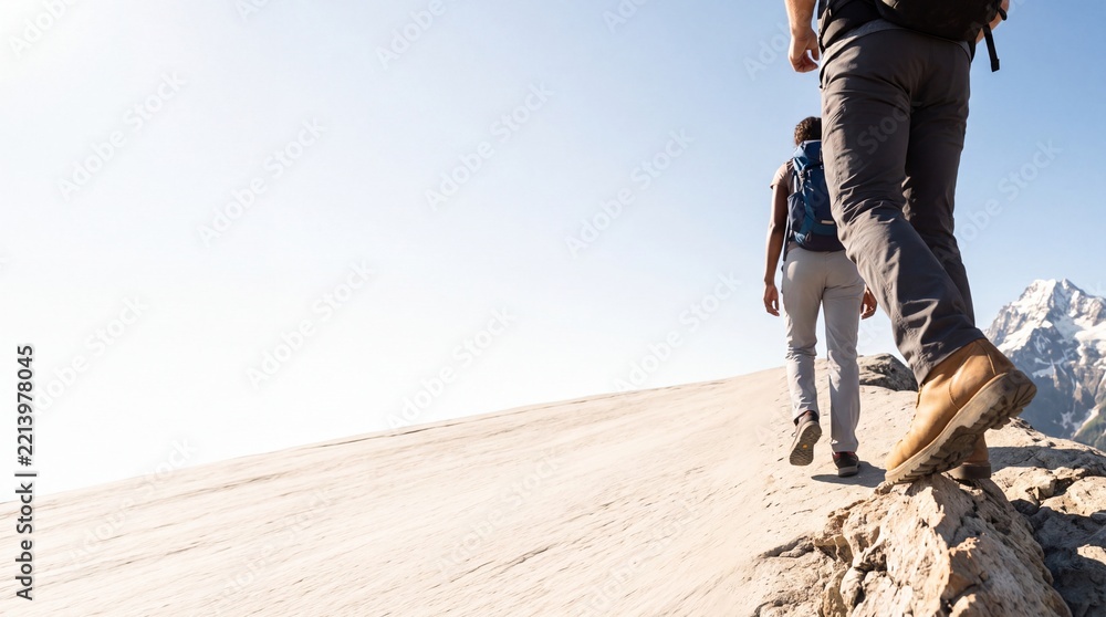 Fototapeta premium Low angle rear view of adventurous hikers trekking on a rocky mountain ridge toward snowy peaks under a clear sky, extreme sports lifestyle with large negative copy space on the left side.