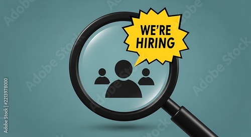 Were hiring text with magnifying glass over male people set