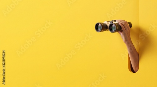 Minimalist Concept of a Hand Holding Binoculars Emerging from a Yellow Wall with Large Negative Space on the Left for Business Vision, Discovery, Searching, and Future Planning Themes
