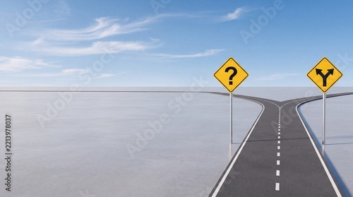 Asphalt road at a fork with yellow road signs showing a question mark and a split path, symbolic of decision making, business strategy, uncertainty, and life choices with large negative space.