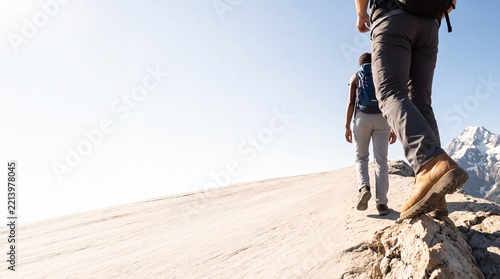 Low angle rear view of adventurous hikers trekking on a rocky mountain ridge toward snowy peaks under a clear sky, extreme sports lifestyle with large negative copy space on the left side.
