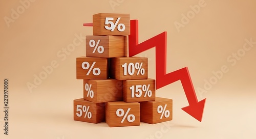Wooden blocks with percentage signs and a red downward trending arrow