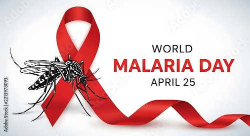 World malaria day text, red ribbon, and mosquito on white background