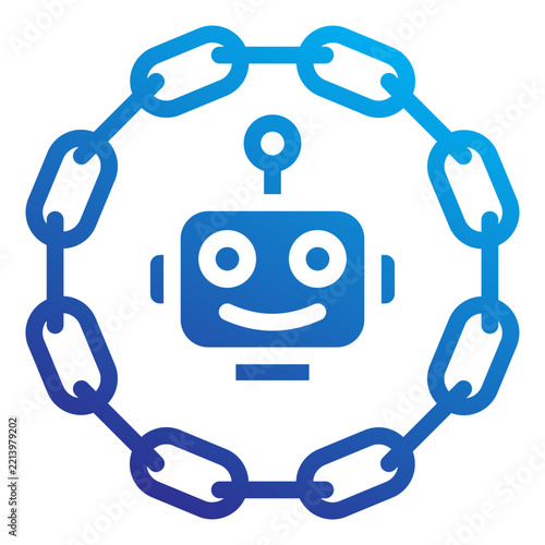 Modern blue gradient robot head icon enclosed in a circular chain representing an integrated AI automation workflow, robotic process optimization, and smart machine learning technology system.